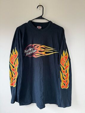 Vintage Harley-Davidson Shirt Mens XL Black Flame Graphic Long Sleeve
